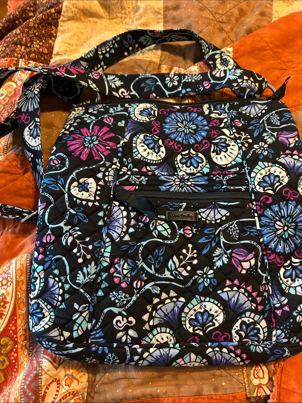 Vera Bradley Black Quilted Crossbody with Blue, Pink & Cream Floral Pattern